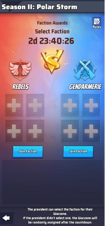 In-game Faction Awards screen — Select Faction between Rebels and Gendarmerie