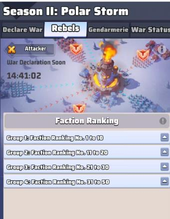 In-game War Declaration screen showing Faction Ranking groups